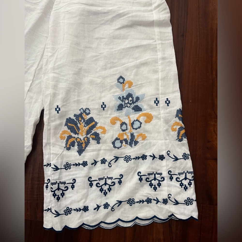 New Nicole Miller White Wide-Leg Pants with Blue and Yellow Embroidery size L - Picture 6 of 10